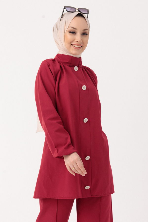 Düz Hakim Yaka Kadın Bordo Tunik Pantolon - 10502 BORDO