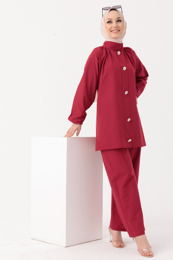 Düz Hakim Yaka Kadın Bordo Tunik Pantolon - 10502 BORDO
