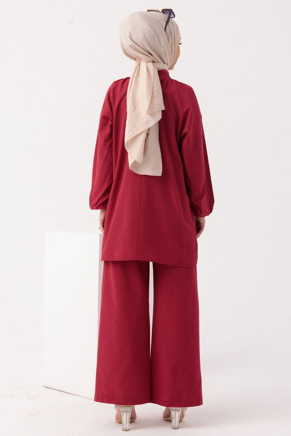 Düz Hakim Yaka Kadın Bordo Tunik Pantolon - 10502 BORDO