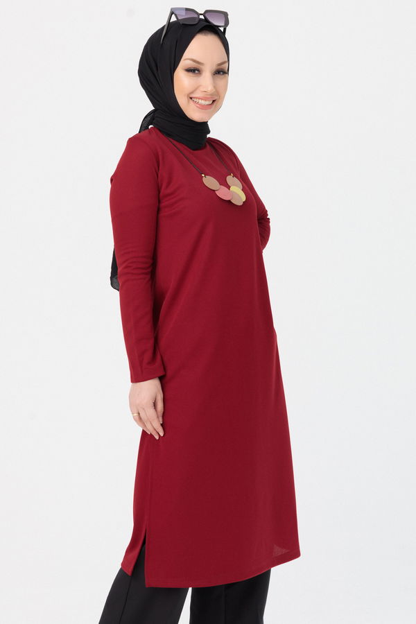 Düz Bisiklet Yaka Kadın Bordo TUNIK - 3537