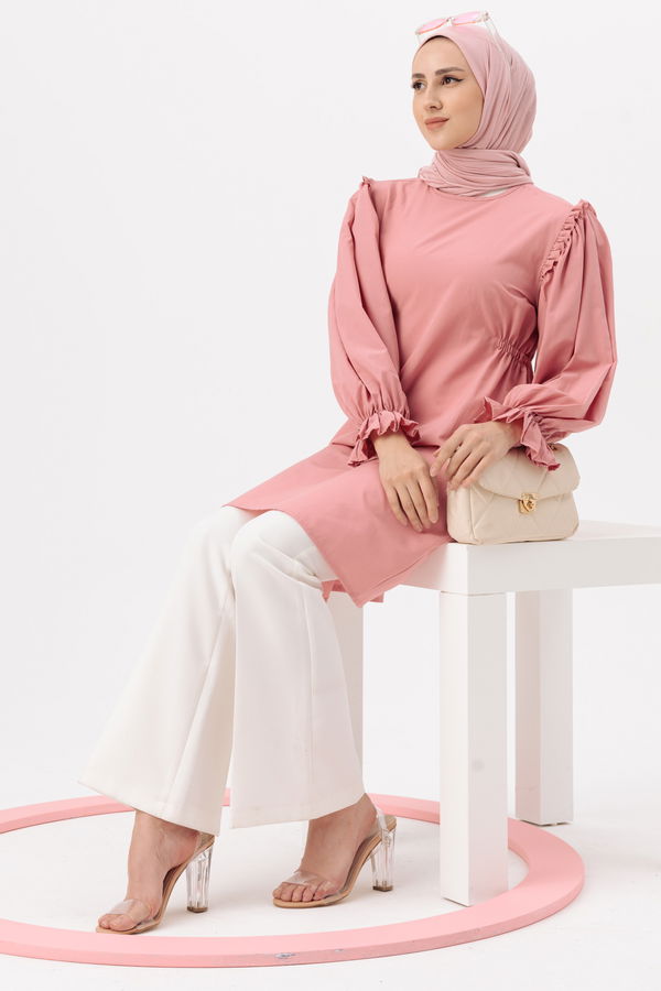 Düz Gömlek Yaka Kadın Pembe TUNIK - 3512