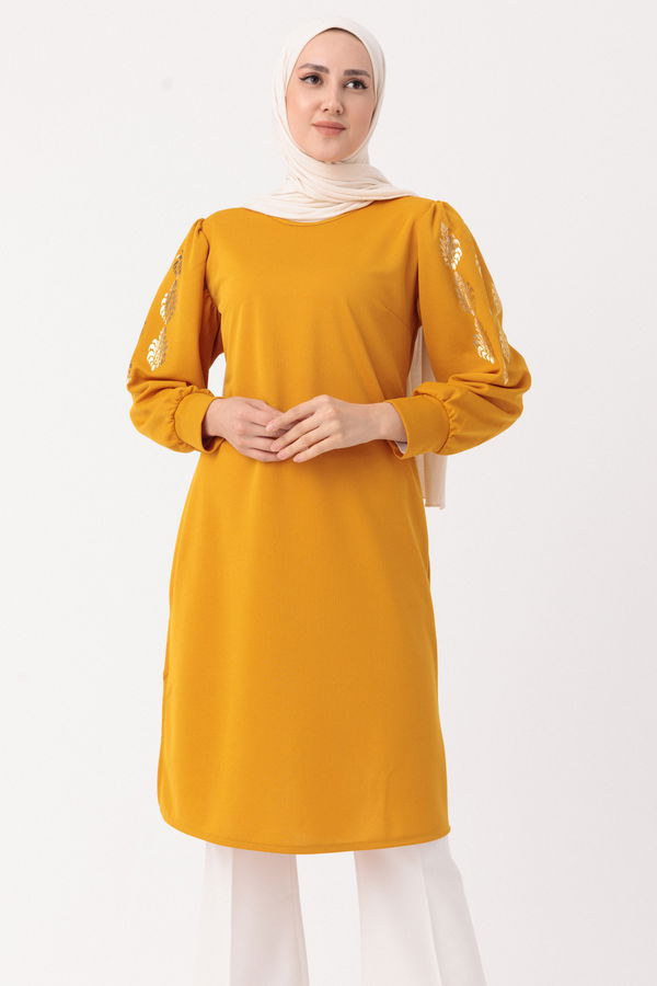 Düz Bisiklet Yaka Kadın Sarı TUNIK - 3646