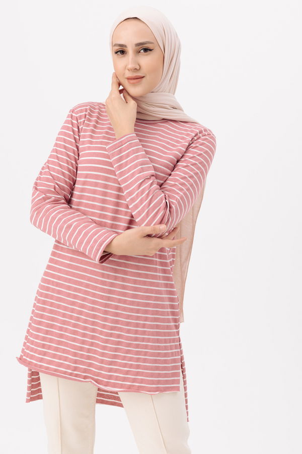 Düz Bisiklet Yaka Kadın Pembe TUNIK - 3725