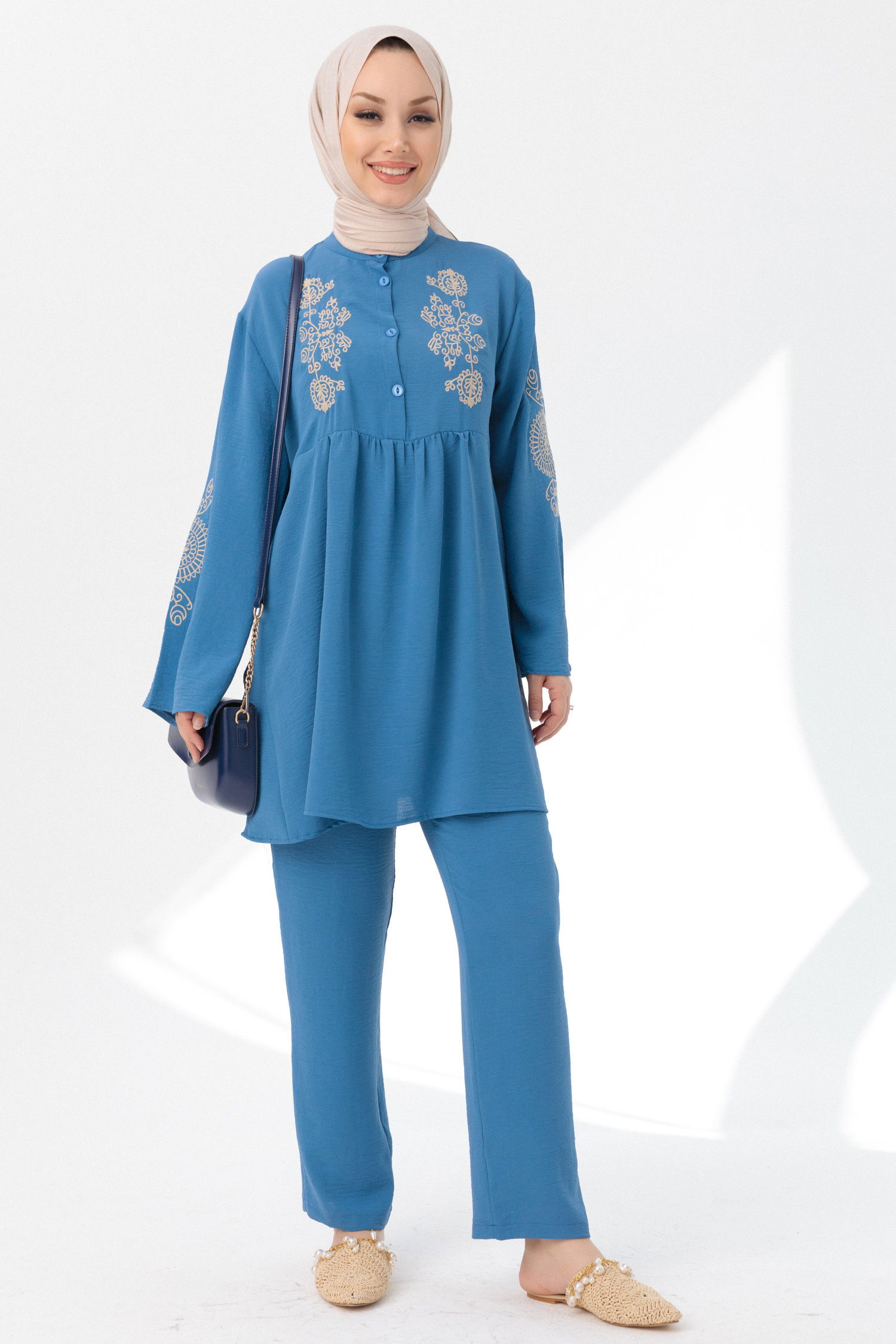 Düz Orta Kadın Mavi Tunik Pantolon - 20961 MAVİ