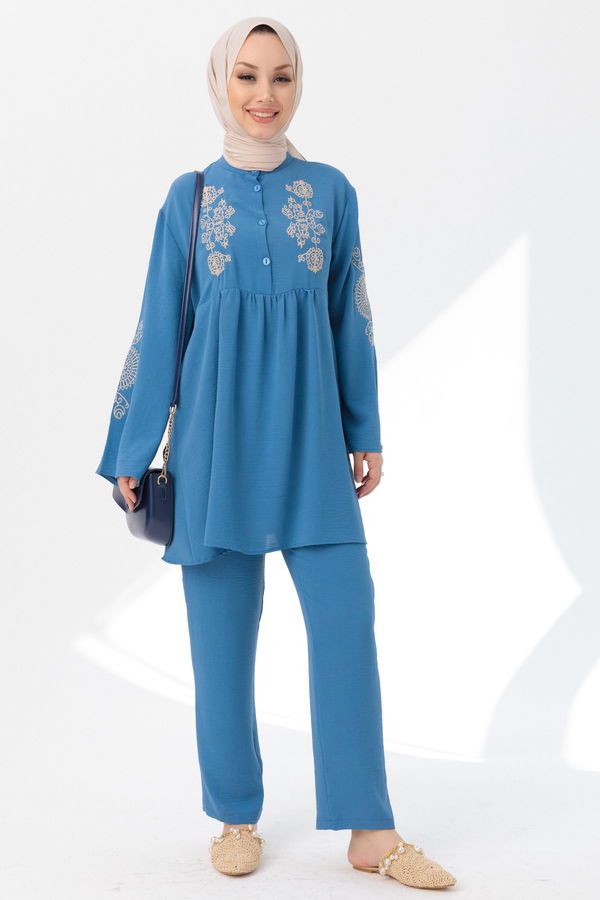 Düz Orta Kadın Mavi Tunik Pantolon - 20961 MAVİ