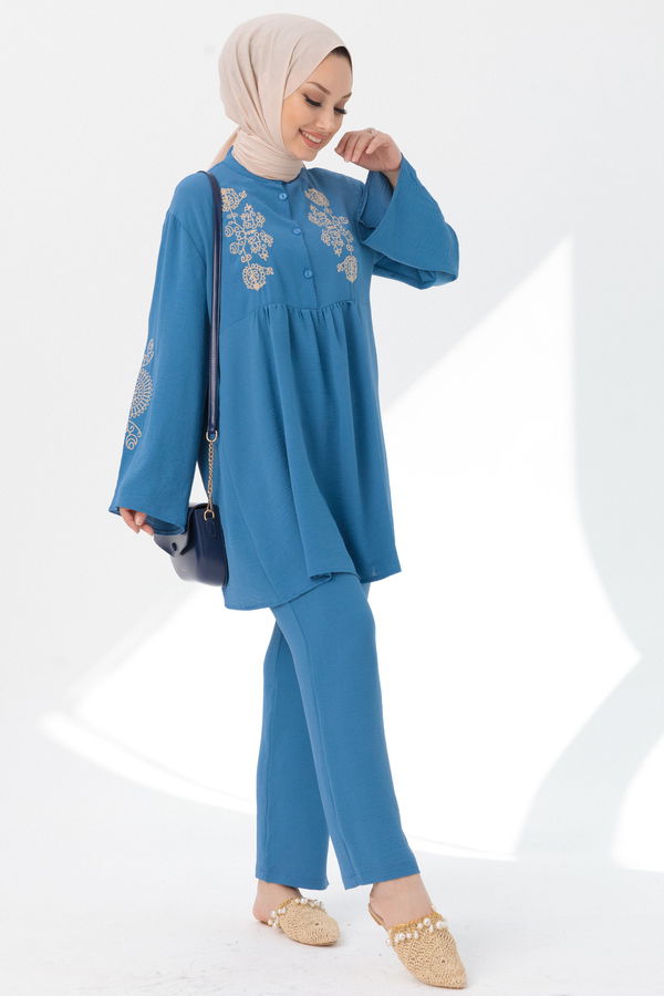 Düz Orta Kadın Mavi Tunik Pantolon - 20961 MAVİ