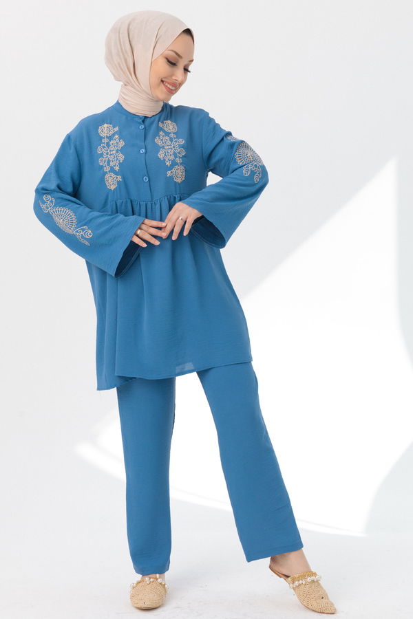 Düz Orta Kadın Mavi Tunik Pantolon - 20961 MAVİ
