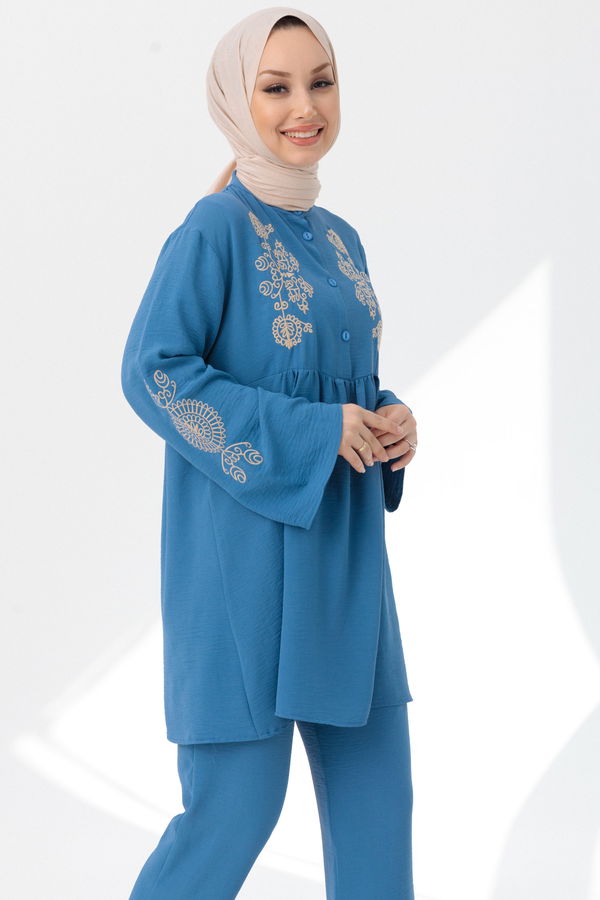 Düz Orta Kadın Mavi Tunik Pantolon - 20961 MAVİ