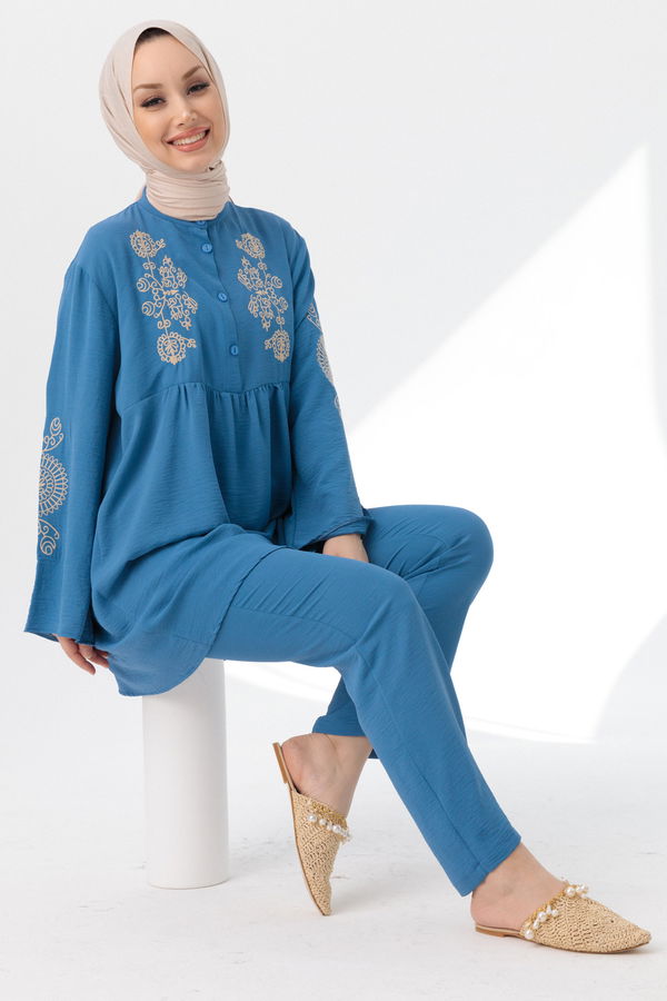 Düz Orta Kadın Mavi Tunik Pantolon - 20961 MAVİ