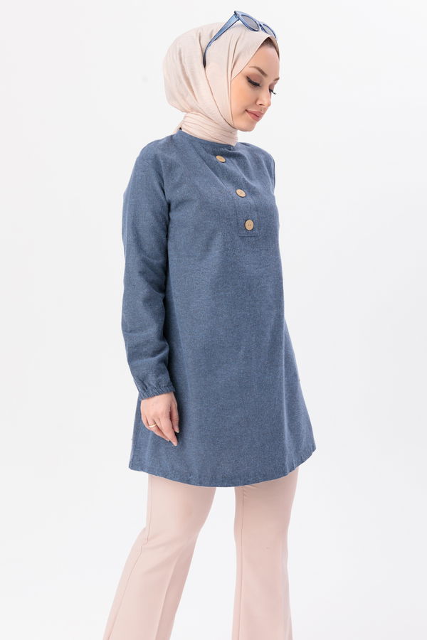 Düz Bisiklet Yaka Kadın Mavi Tunik - 3998 MAVİ