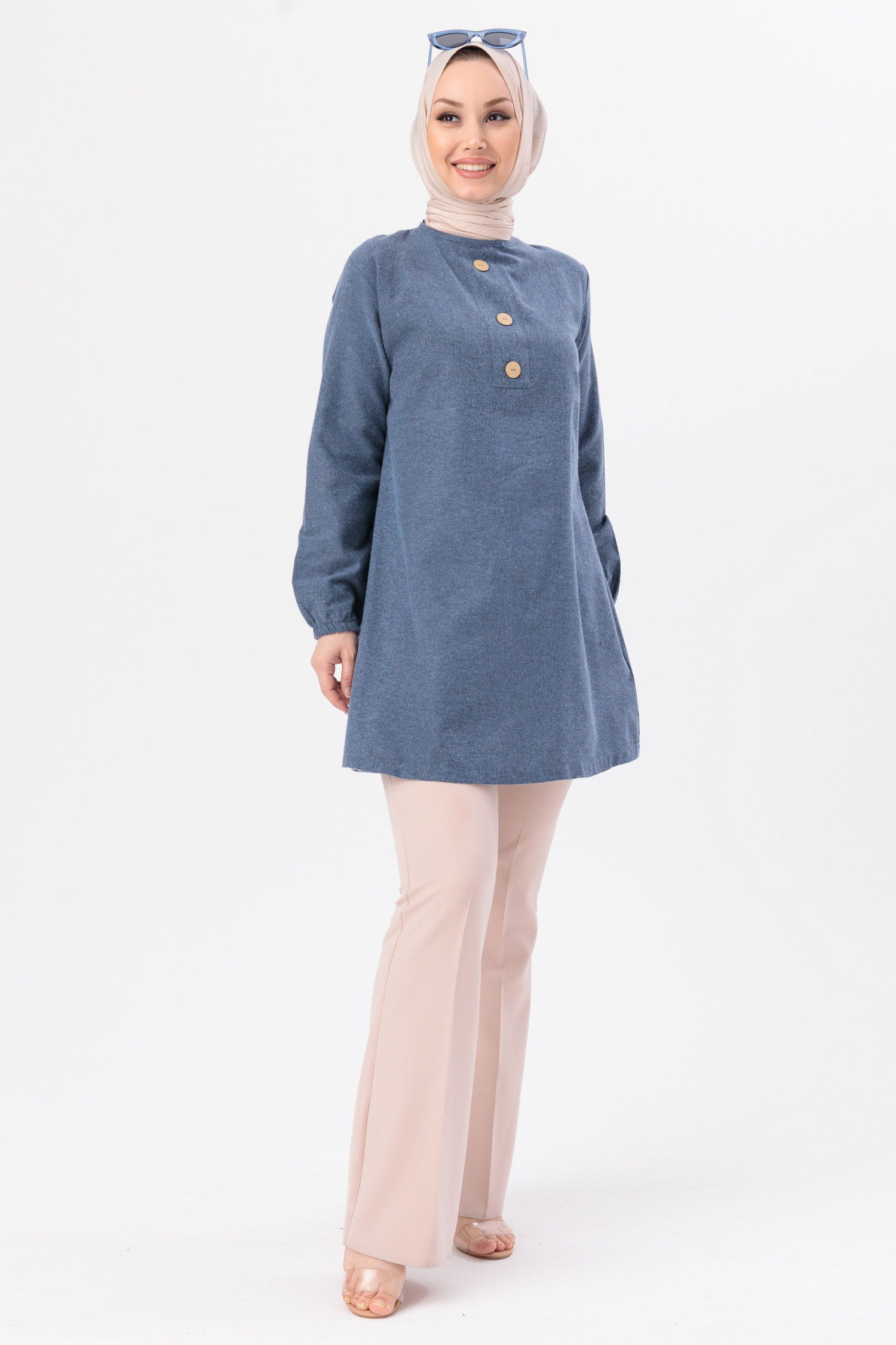 Düz Bisiklet Yaka Kadın Mavi Tunik - 3998 MAVİ