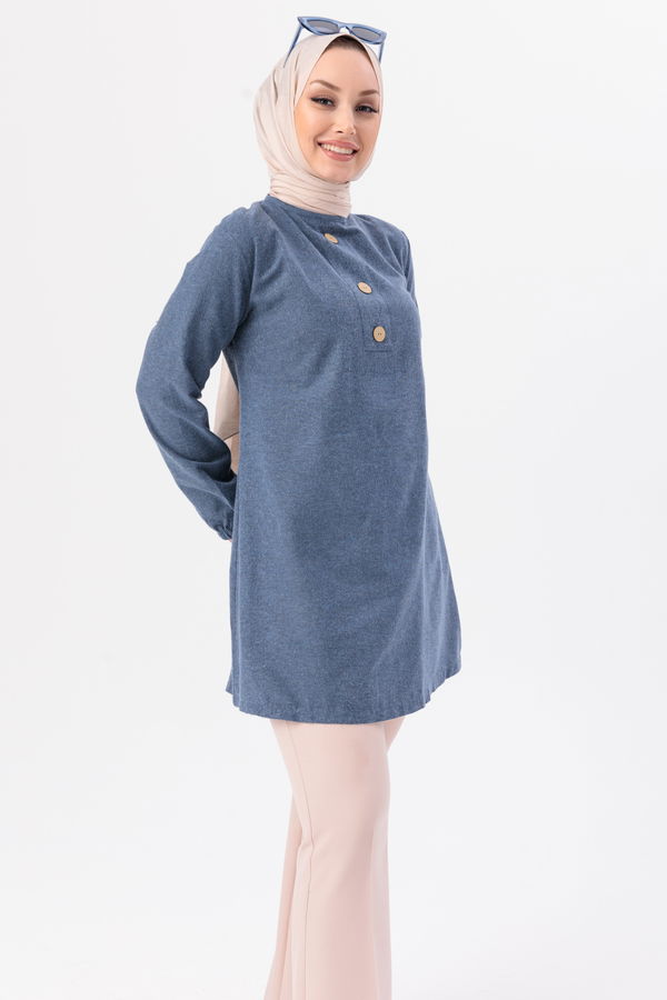 Düz Bisiklet Yaka Kadın Mavi Tunik - 3998 MAVİ