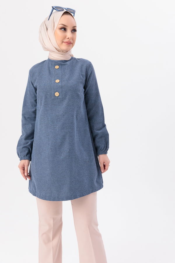Düz Bisiklet Yaka Kadın Mavi Tunik - 3998 MAVİ