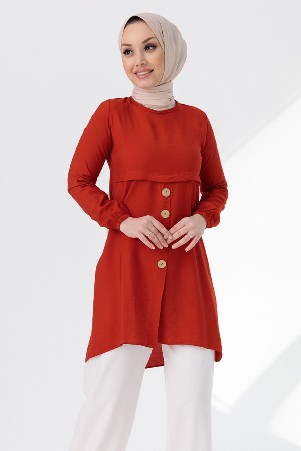Düz Bisiklet Yaka Kadın Kiremit Tunik - 3021 KİREMİT