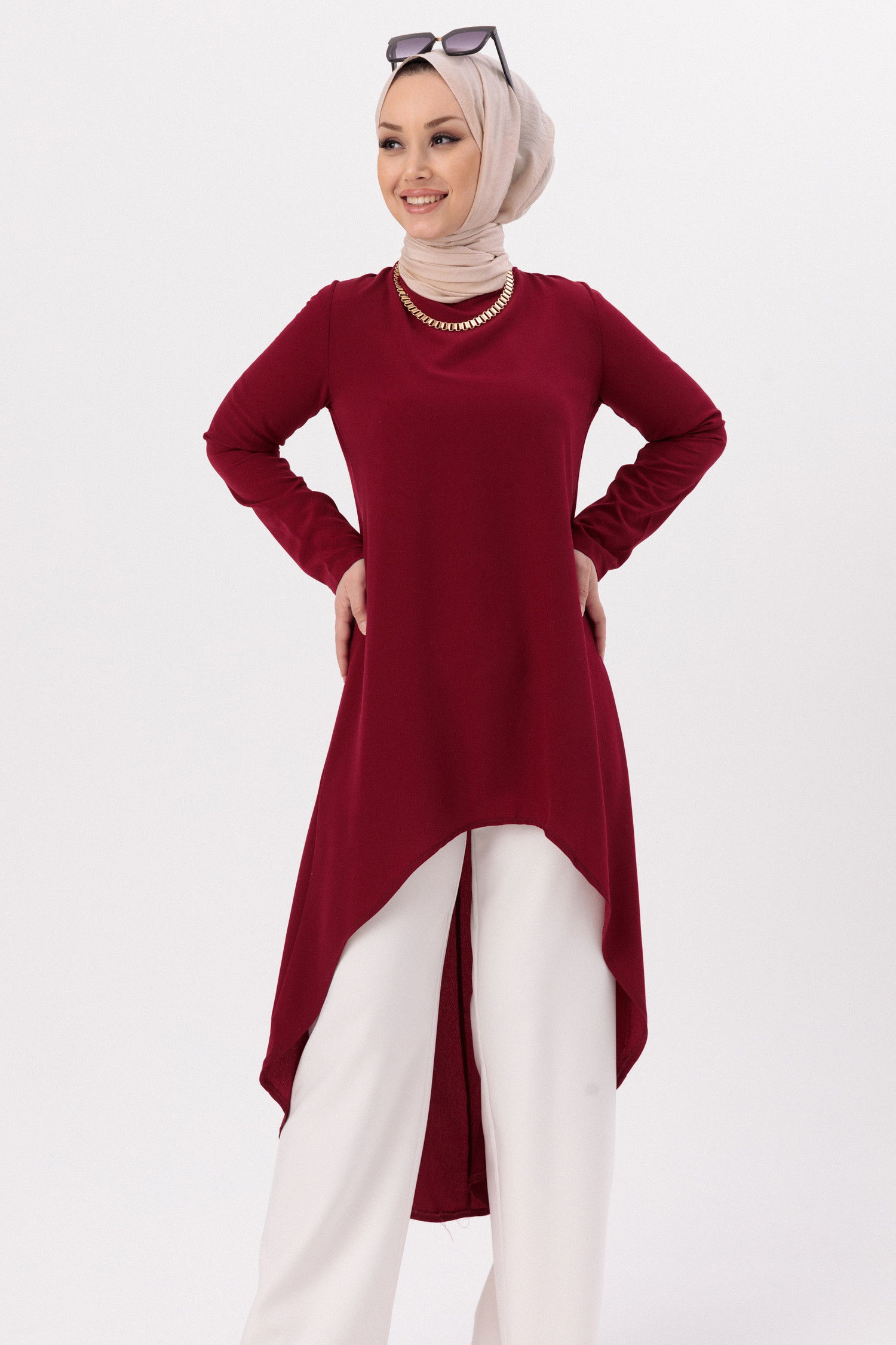 Düz Bisiklet Yaka Kadın Bordo TUNIK - 3652 BORDO