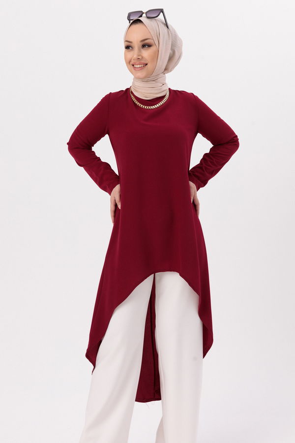 Düz Bisiklet Yaka Kadın Bordo TUNIK - 3652 BORDO