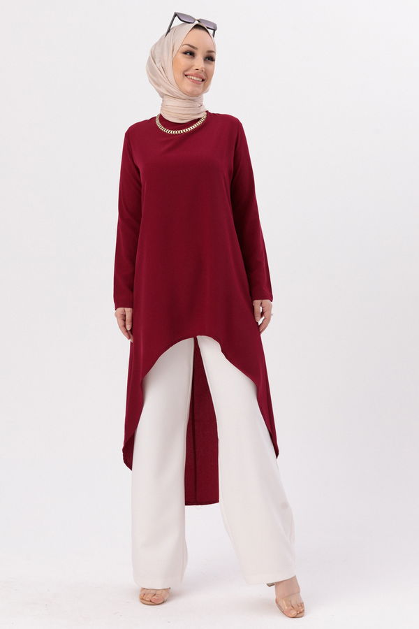 Düz Bisiklet Yaka Kadın Bordo TUNIK - 3652 BORDO