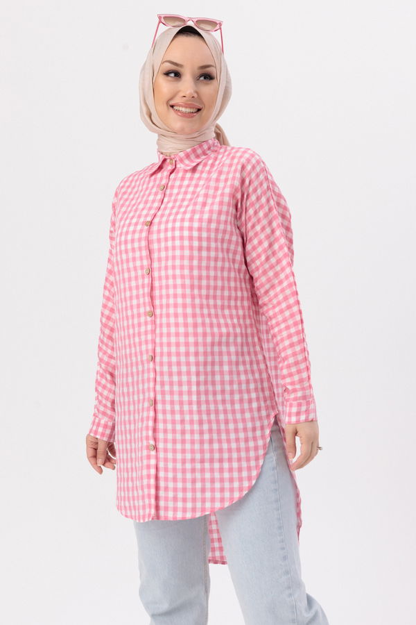 Düz Gömlek Yaka Kadın Pembe TUNIK - 3719 PEMBE