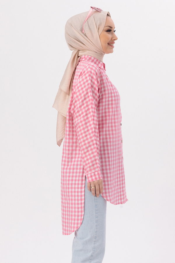 Düz Gömlek Yaka Kadın Pembe TUNIK - 3719 PEMBE