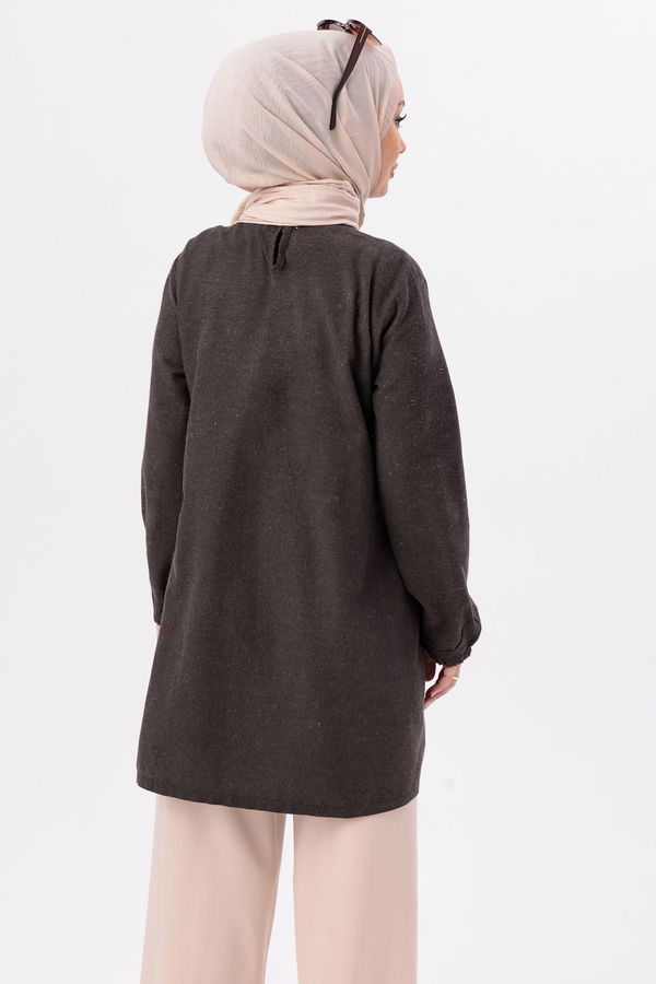 Düz Bisiklet Yaka Kadın Kahverengi Tunik - 3998 KAHVERENGİ