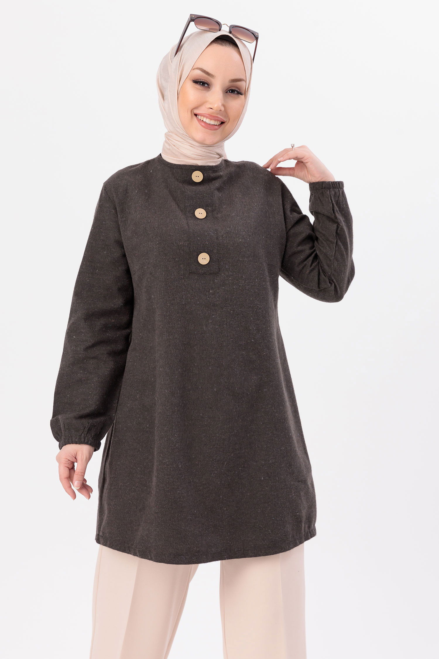 Düz Bisiklet Yaka Kadın Kahverengi Tunik - 3998 KAHVERENGİ