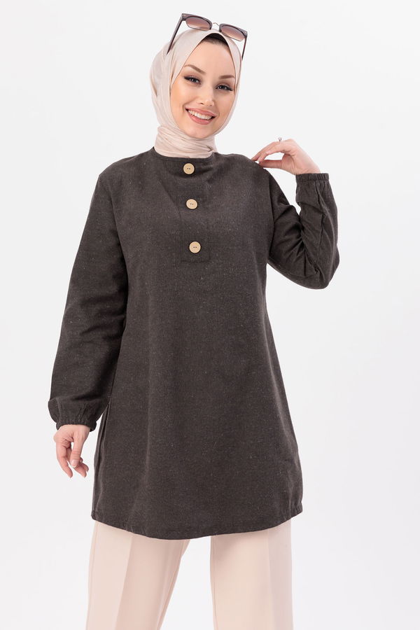 Düz Bisiklet Yaka Kadın Kahverengi Tunik - 3998 KAHVERENGİ