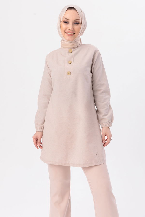 Düz Bisiklet Yaka Kadın Bej Tunik - 3998 BEJ