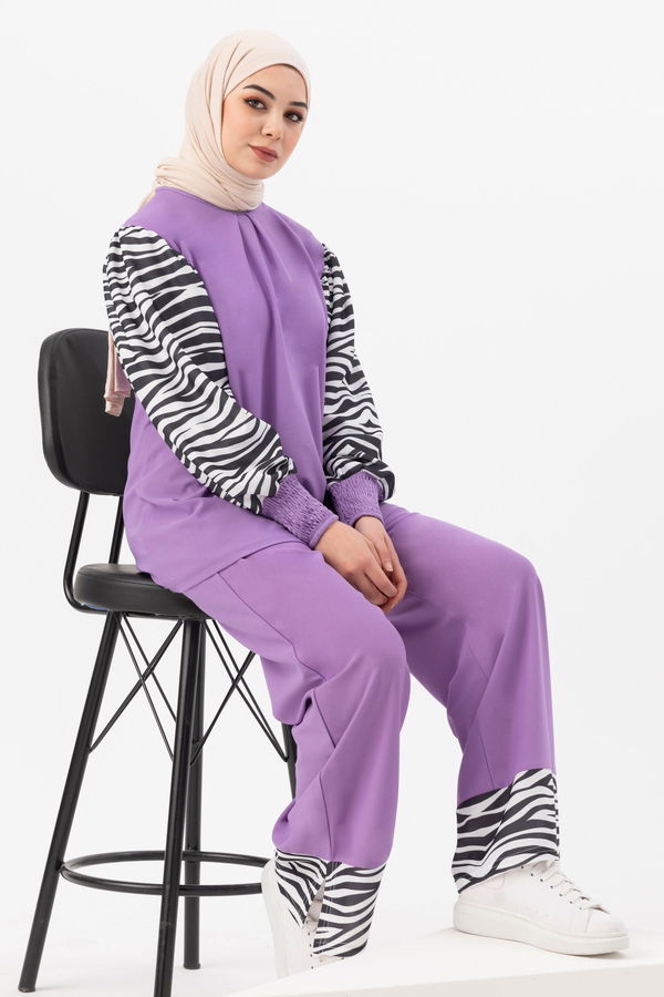 Düz Bisiklet Yaka Kadın Lila Tunik Pantolon - 3986 LİLA