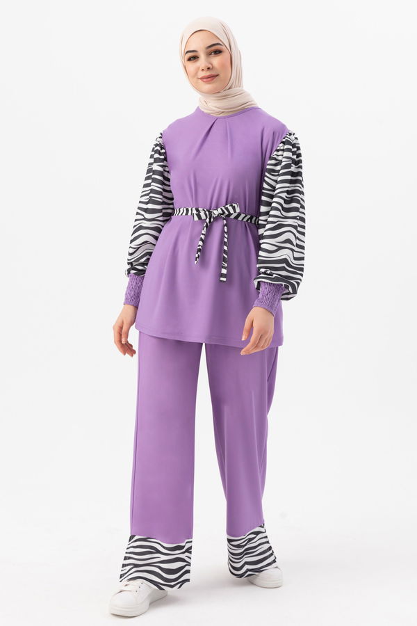 Düz Bisiklet Yaka Kadın Lila Tunik Pantolon - 3986 LİLA