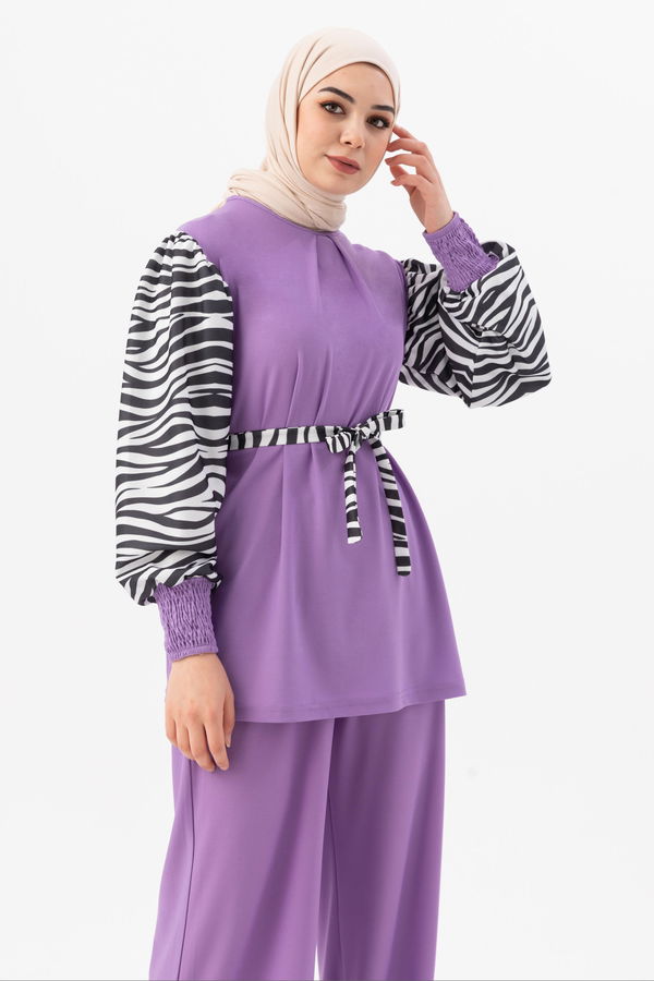 Düz Bisiklet Yaka Kadın Lila Tunik Pantolon - 3986 LİLA