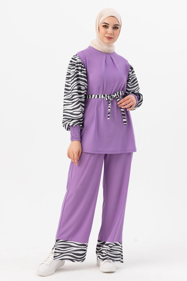Düz Bisiklet Yaka Kadın Lila Tunik Pantolon - 3986 LİLA
