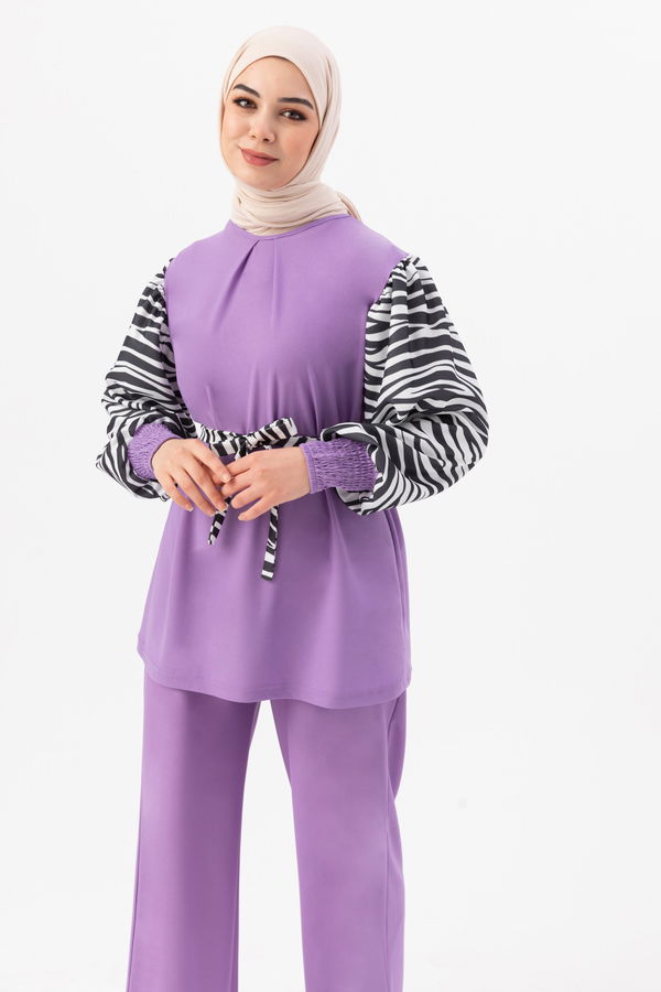 Düz Bisiklet Yaka Kadın Lila Tunik Pantolon - 3986 LİLA