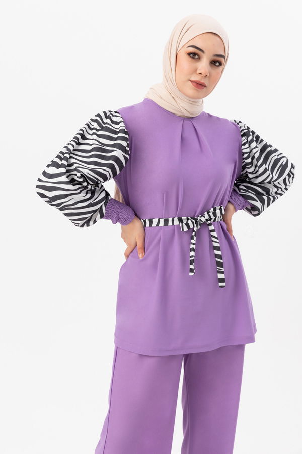 Düz Bisiklet Yaka Kadın Lila Tunik Pantolon - 3986 LİLA