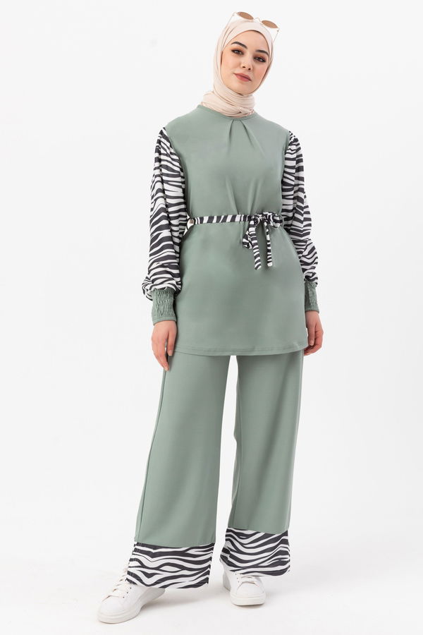 Düz Bisiklet Yaka Kadın Yeşil Tunik Pantolon - 3986 YEŞİL
