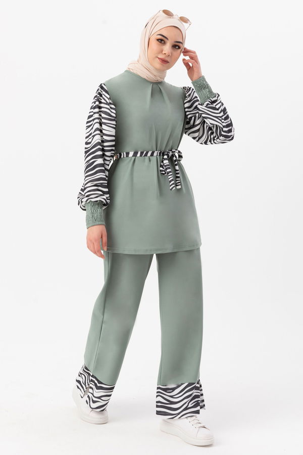 Düz Bisiklet Yaka Kadın Yeşil Tunik Pantolon - 3986 YEŞİL