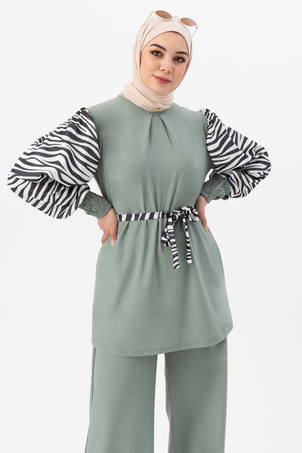 Düz Bisiklet Yaka Kadın Yeşil Tunik Pantolon - 3986 YEŞİL