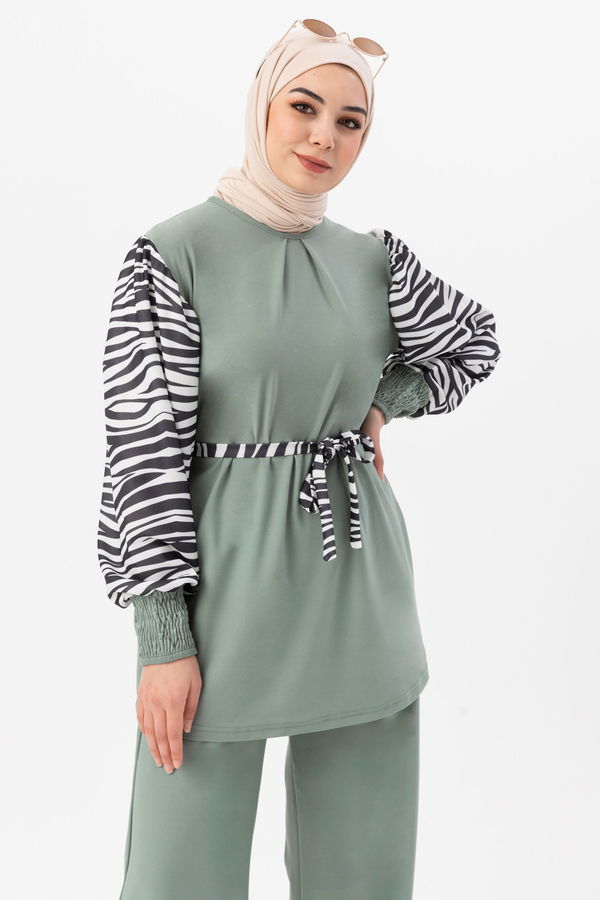 Düz Bisiklet Yaka Kadın Yeşil Tunik Pantolon - 3986 YEŞİL