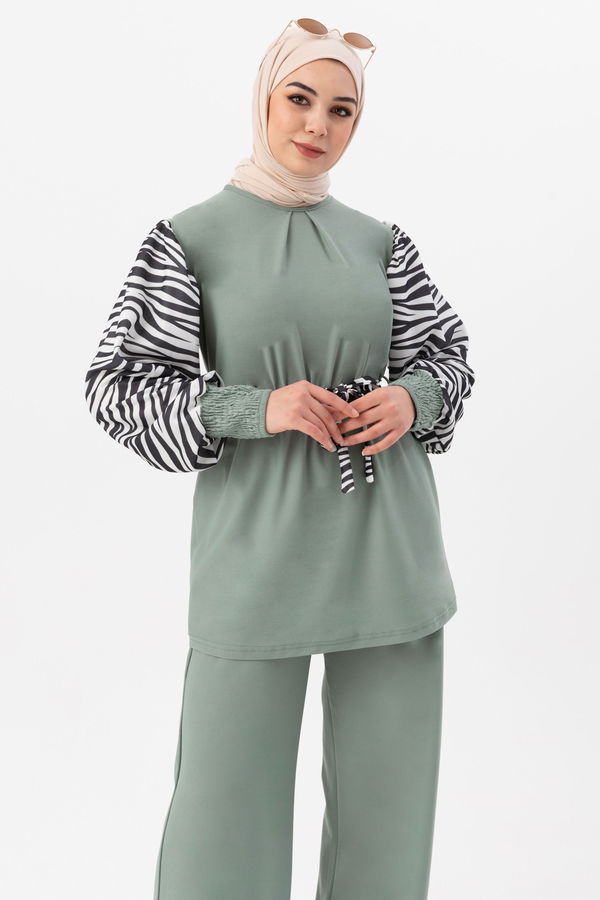 Düz Bisiklet Yaka Kadın Yeşil Tunik Pantolon - 3986 YEŞİL