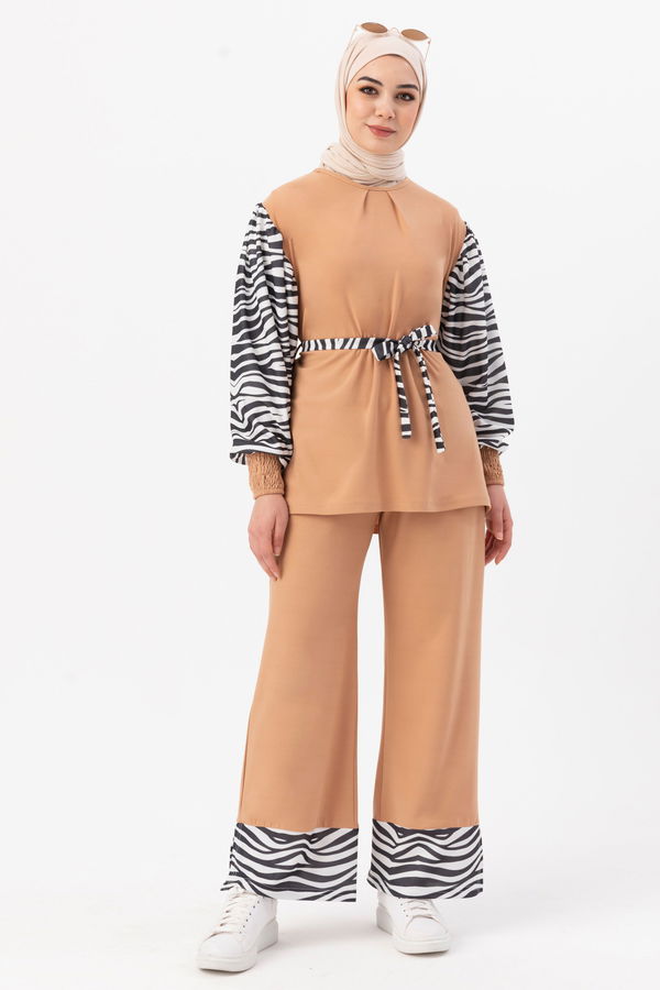 Düz Bisiklet Yaka Kadın Vizon Tunik Pantolon - 3986 VİZON