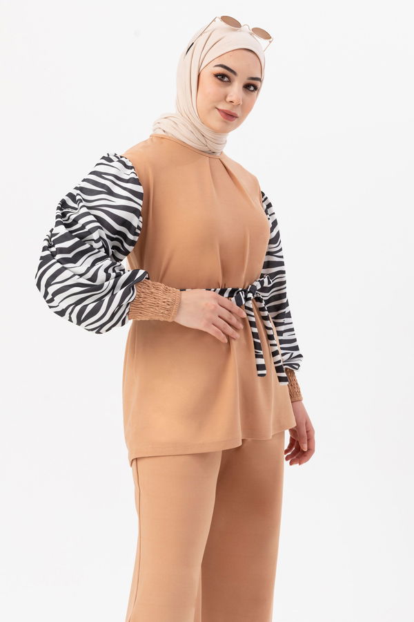Düz Bisiklet Yaka Kadın Vizon Tunik Pantolon - 3986 VİZON