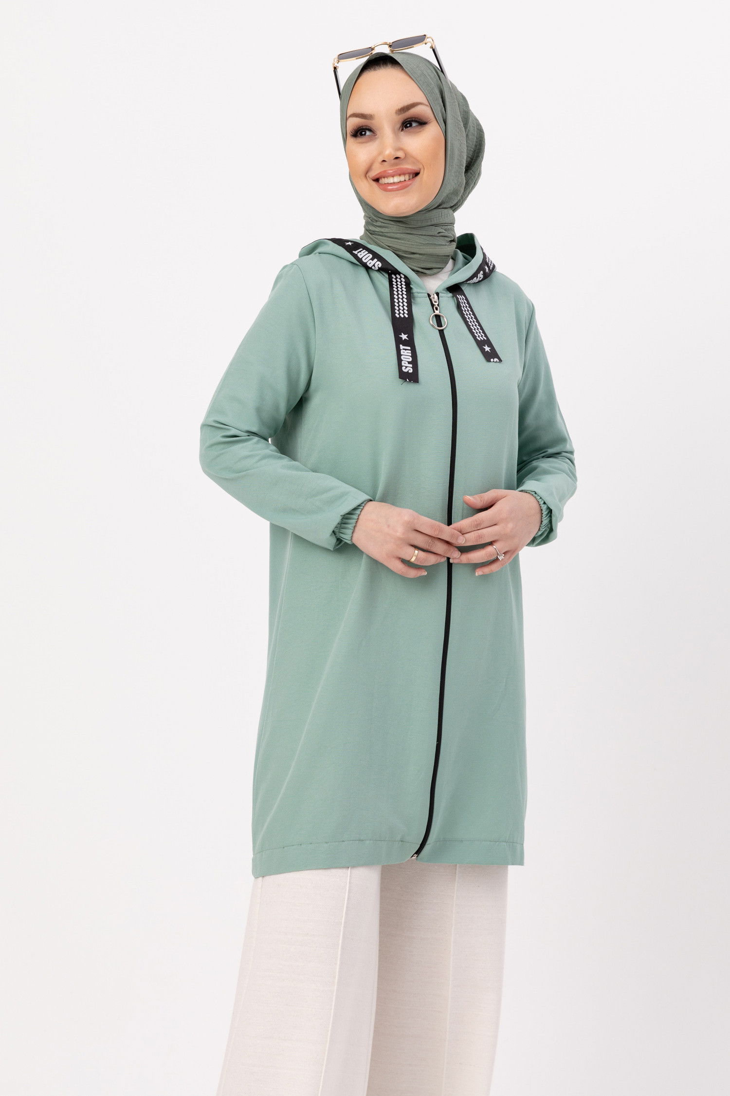 Düz Kapsonlu Yaka Kadın Yeşil Fermuarlı Hırka - 3038 YEŞİL