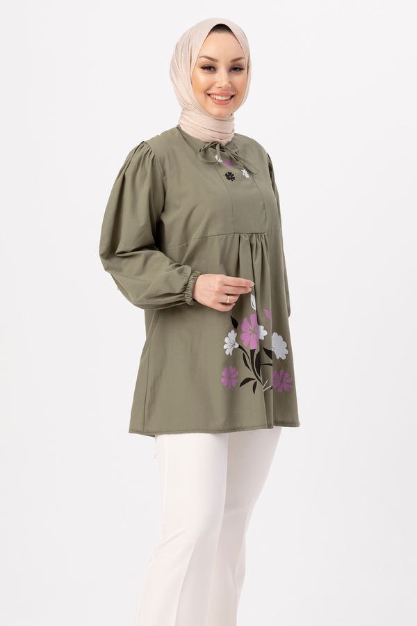 Düz Bisiklet Yaka Kadın Haki BASKILI TUNIK - 3694 HAKİ