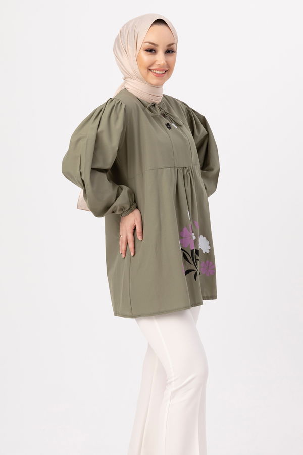 Düz Bisiklet Yaka Kadın Haki BASKILI TUNIK - 3694 HAKİ