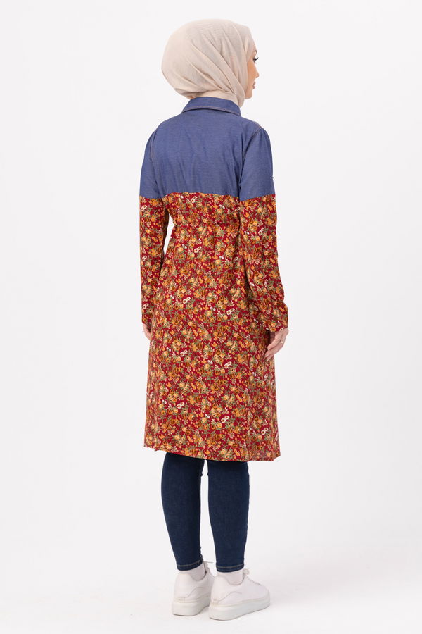 Düz Gömlek Yaka Kadın Bordo DESENLI TUNIK - 3681 BORDO