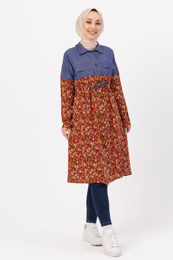 Düz Gömlek Yaka Kadın Bordo DESENLI TUNIK - 3681 BORDO