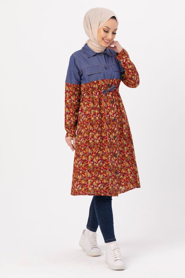 Düz Gömlek Yaka Kadın Bordo DESENLI TUNIK - 3681 BORDO