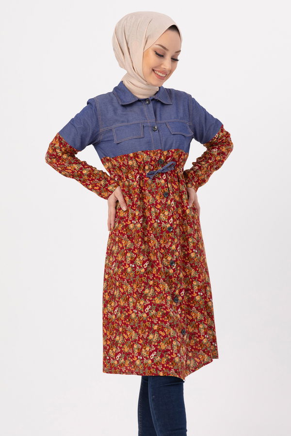 Düz Gömlek Yaka Kadın Bordo DESENLI TUNIK - 3681 BORDO