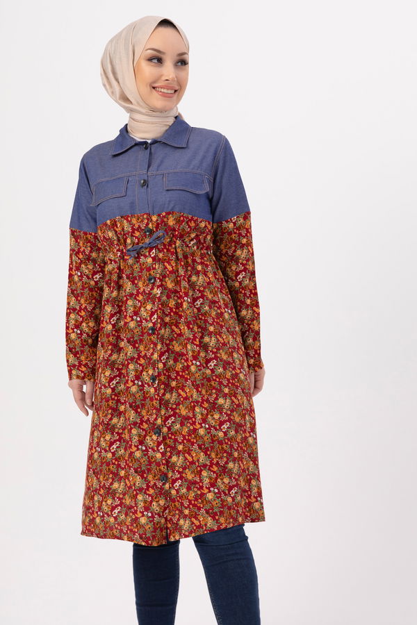Düz Gömlek Yaka Kadın Bordo DESENLI TUNIK - 3681 BORDO