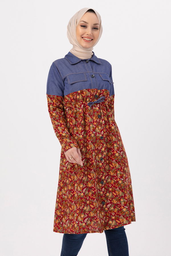 Düz Gömlek Yaka Kadın Bordo DESENLI TUNIK - 3681 BORDO