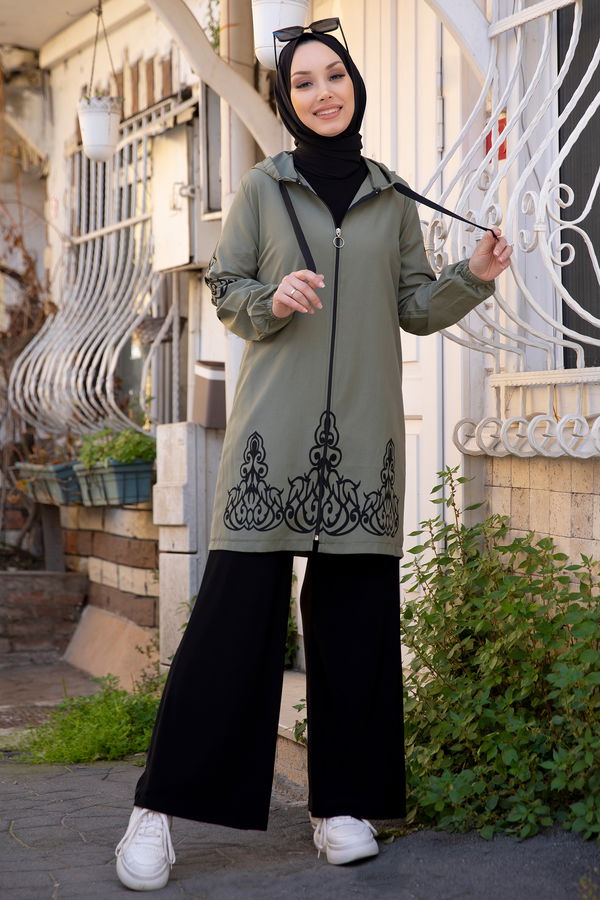 Düz Orta Kadın Haki Baskılı Tunik - 3729